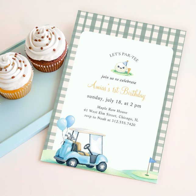 Sage Green Gingham Golf First Birthday Invitation (Creator Uploaded)