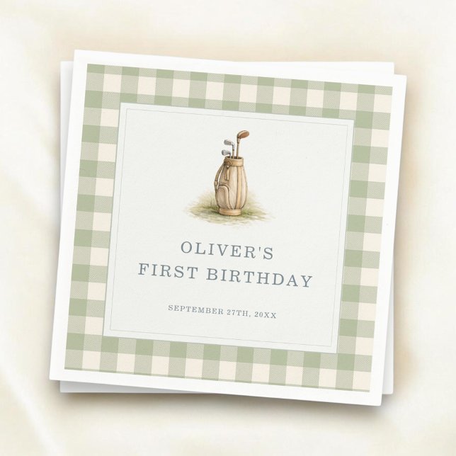 Sage Green Gingham Golf First Birthday Party Napkin (Creator Uploaded)