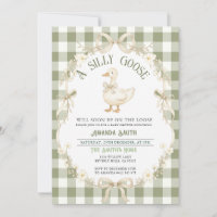 Sage Green Gingham Goose Baby Shower Invitation