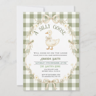 Sage Green Gingham Goose Baby Shower Invitation