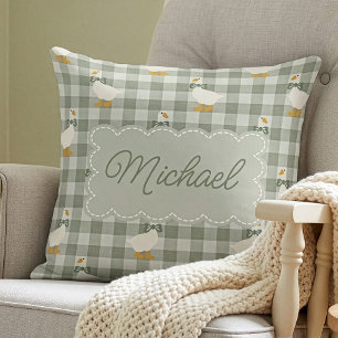 Sage Green Gingham Goose Custom Name Nursery  Cushion