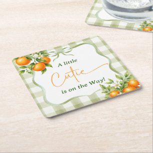 Sage Green Gingham Little Cutie Baby Shower Square Paper Coaster