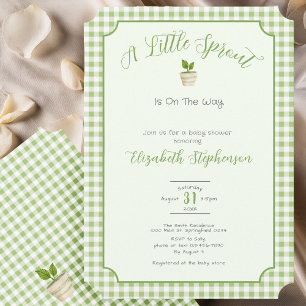 Sage Green Gingham Little Sprout Baby Shower Invitation