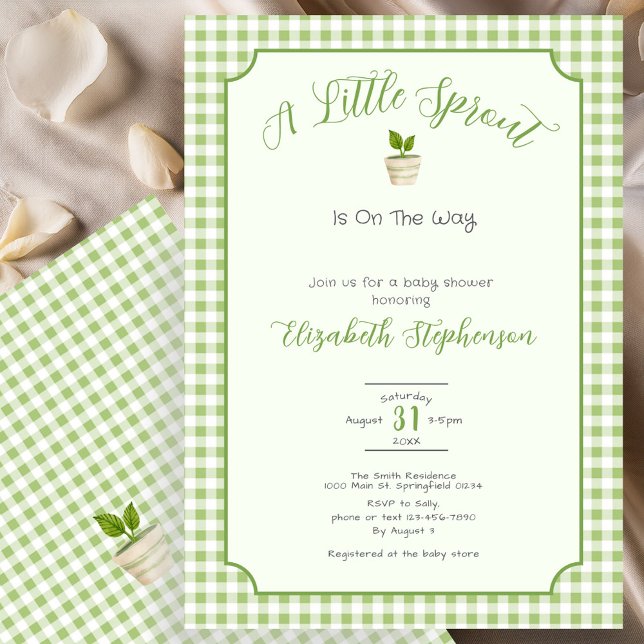 Sage Green Gingham Little Sprout Baby Shower Invitation (Creator Uploaded)
