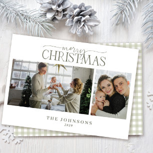 Sage Green Gingham Merry Christmas Family Photo Holiday Card