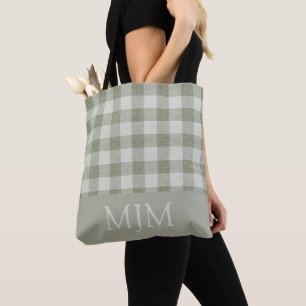Sage Green Gingham Monogram Custom Name Tote Bag
