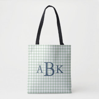 Sage Green Gingham Monogrammed Tote Bag