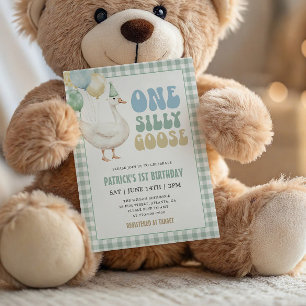 Sage Green Gingham One Silly Goose 1st Birthday Invitation