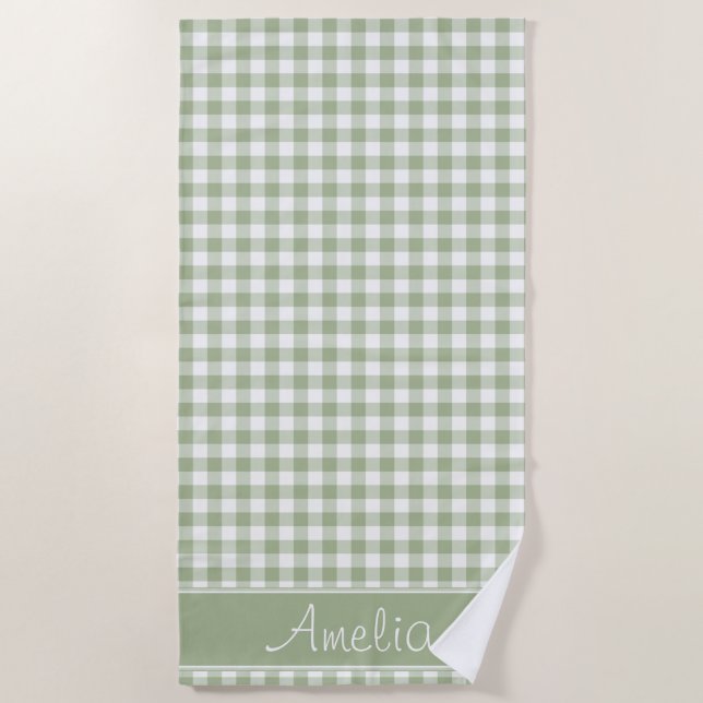 Sage Green Gingham Pattern | Personalised Beach Towel (Front)