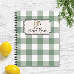 Sage Green Gingham Pattern Recipe Cookbook Notebook