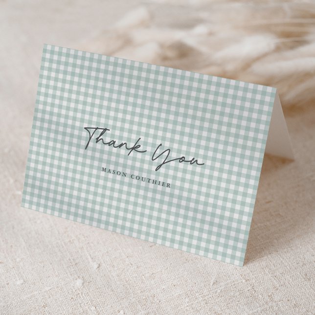 Sage Green Gingham Pattern Script Folded Photo   Thank You Card (Sage Green Gingham Check Baby Folded Photo Thank You Note Cards.)