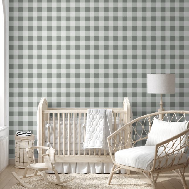 Sage Green Gingham Pattern Wallpaper (Kids)