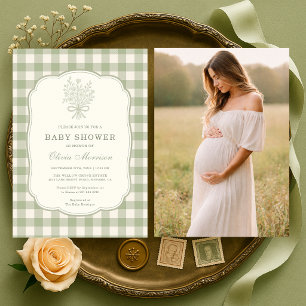 Sage Green Gingham Photo Baby Shower Invitation