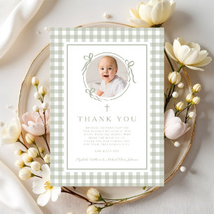 Sage Green Gingham Photo Boy Baptism Thank You Card