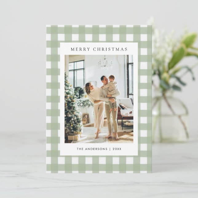 Sage Green Gingham Plaid 5 Photo Christmas Holiday Card (Standing Front)