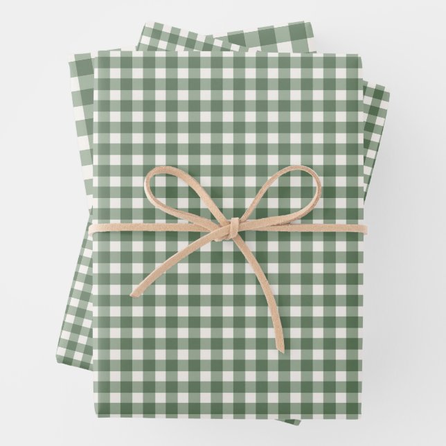 Sage Green Gingham Plaid Christmas Wrapping Paper Sheet (In situ)