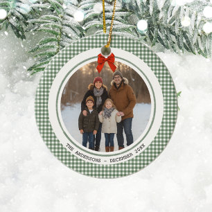 Sage Green Gingham Plaid Circle Photo Christmas Ceramic Ornament