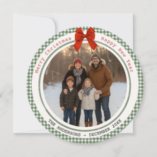 Sage Green Gingham Plaid Circle Photo Christmas Holiday Card