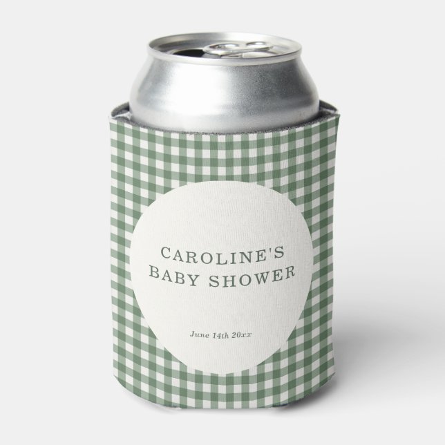Sage Green Gingham Plaid Custom Bridal Shower Can Cooler (Can Front)