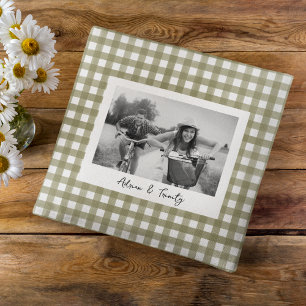 Sage Green Gingham Plaid Custom Photo Cushion