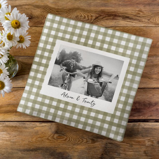 Sage Green Gingham Plaid Custom Photo Cushion (Creator Uploaded)