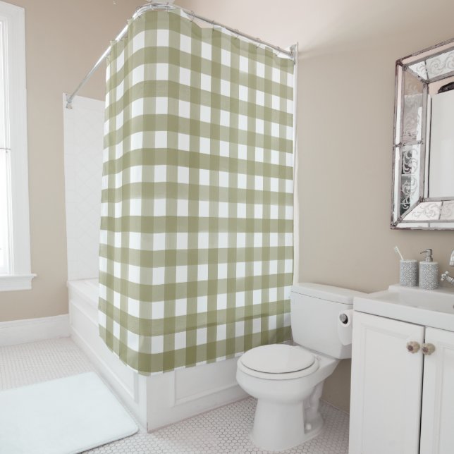 Sage Green Gingham Plaid Patterned Shower Curtain (In Situ)