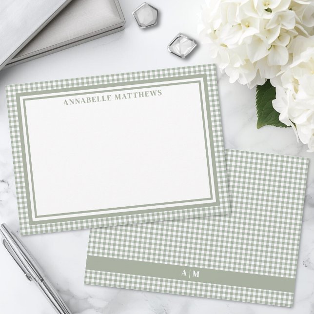 Sage Green Gingham Plaid Personalised Card (Sage Green Gingham Plaid Personalized Note Card)