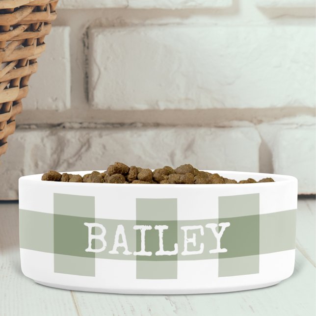 Sage Green Gingham Plaid Personalised Dog Bowl (Creator Uploaded)