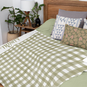 Sage Green Gingham Plaid Personalised Fleece Blanket