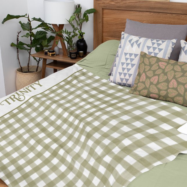 Sage Green Gingham Plaid Personalised Fleece Blanket (Creator Uploaded)