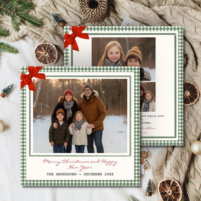 Sage Green Gingham Plaid Square Photo Christmas Holiday Card (Sage Green Gingham Plaid Square Christmas Holiday card with Multi photo)