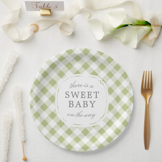 Sage Green Gingham Plaid Sweet Baby Paper Plate (Wedding)