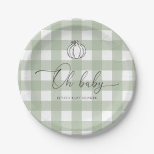 Sage Green Gingham Pumpkin Baby Shower Paper Plate