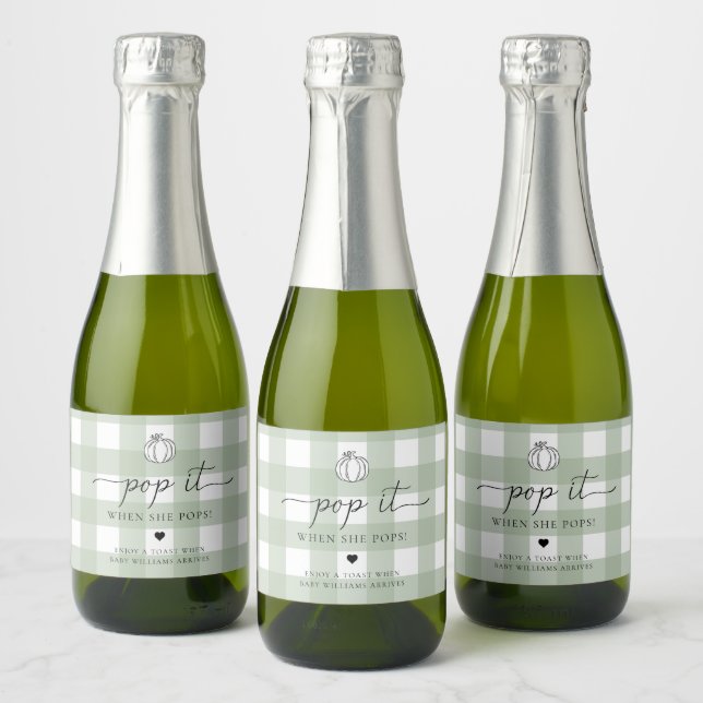 Sage Green Gingham Pumpkin Pop It When She Pops Sparkling Wine Label (Bottles)