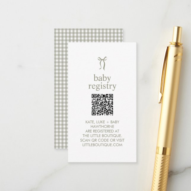 Sage Green Gingham QR Code Baby Gift Registry Enclosure Card (Front/Back In Situ)