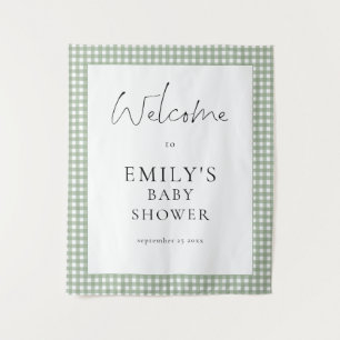Sage Green Gingham Script Welcome Baby Shower  Tapestry