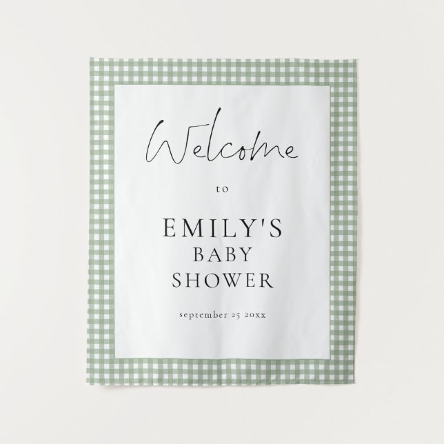 Sage Green Gingham Script Welcome Baby Shower  Tapestry (Front)