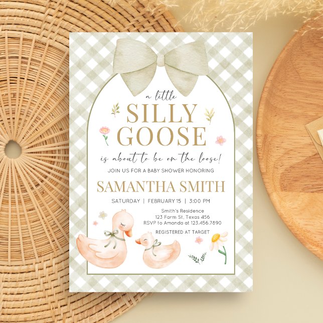 Sage Green Gingham Silly Goose Baby Shower Invitation (Silly Goose Baby Shower Invitation)
