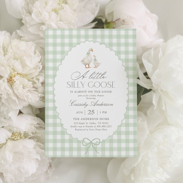 Sage Green Gingham Silly Goose Baby Shower Invitation (Creator Uploaded)