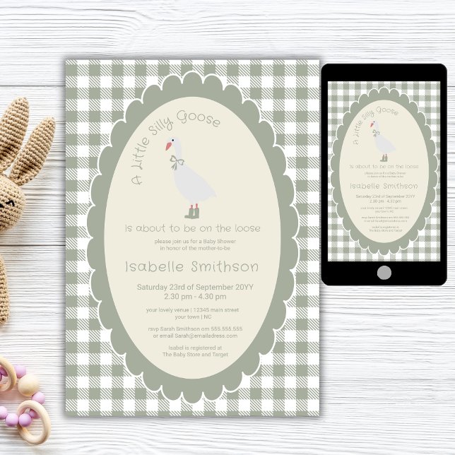 Sage Green  Gingham Silly Goose Baby Shower  Invitation (Creator Uploaded)