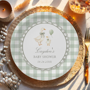 Sage Green Gingham Silly Goose Baby Shower Paper Plate