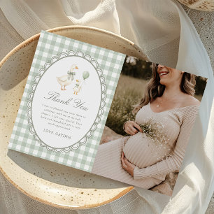 Sage Green Gingham Silly Goose Baby Shower Photo Thank You Card