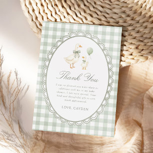 Sage Green Gingham Silly Goose Baby Shower Thank You Card