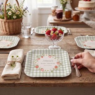 Sage Green Gingham Strawberry Floral Baby Shower Paper Plate