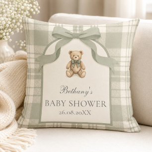Sage Green Gingham Teddy Bear Baby Shower Cushion