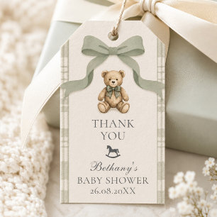 Sage Green Gingham Teddy Bear Baby Shower Gift Tags