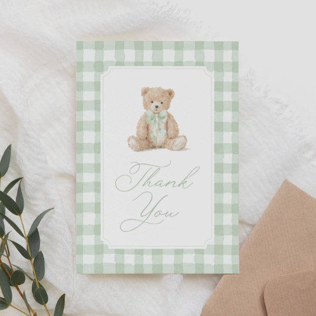 Sage Green Gingham Teddy Bear Baby Shower Thank You Card (Creator Uploaded)