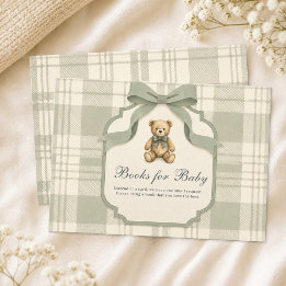 Sage Green Gingham Teddy Bear Books for Baby Enclosure Card