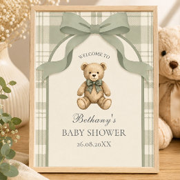 Sage Green Gingham Teddy Bear Welcome Poster