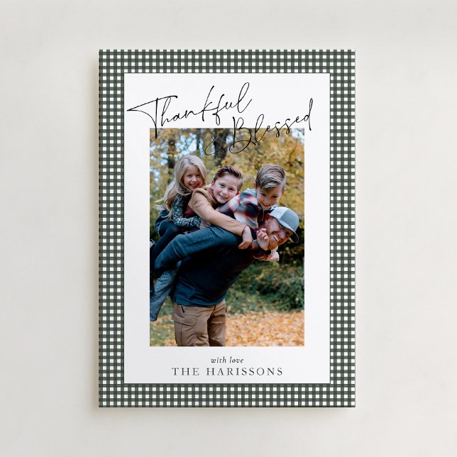 Sage Green Gingham Thankful & Blessed Thanksgiving Invitation (Creator Uploaded)